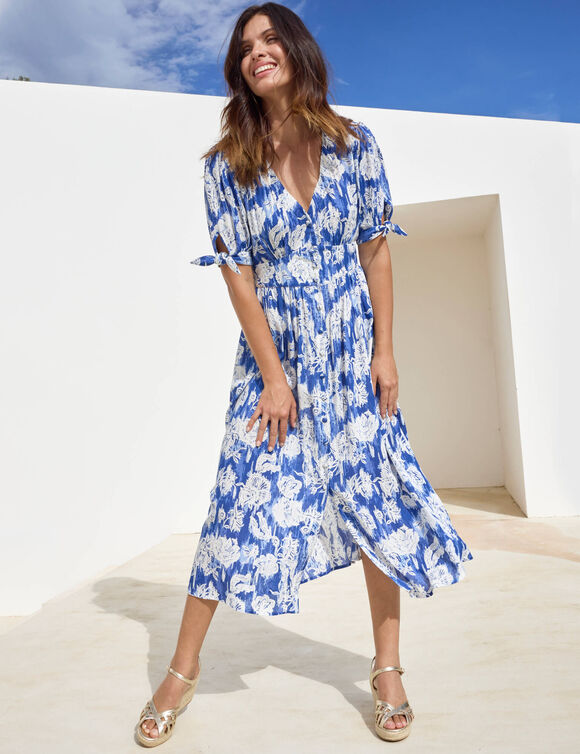 Robe longue imprimée, évasée (bleu) Robe longue imprimée, évasée (bleu)